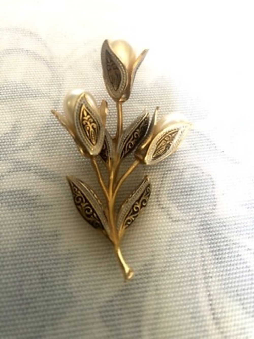 Gold-tone Floral Branch Brooch with Pearl Accents